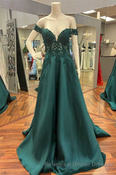 Hunter Green Lace Off-the-Shoulder A-Line Long Semi Formal Prom Dress